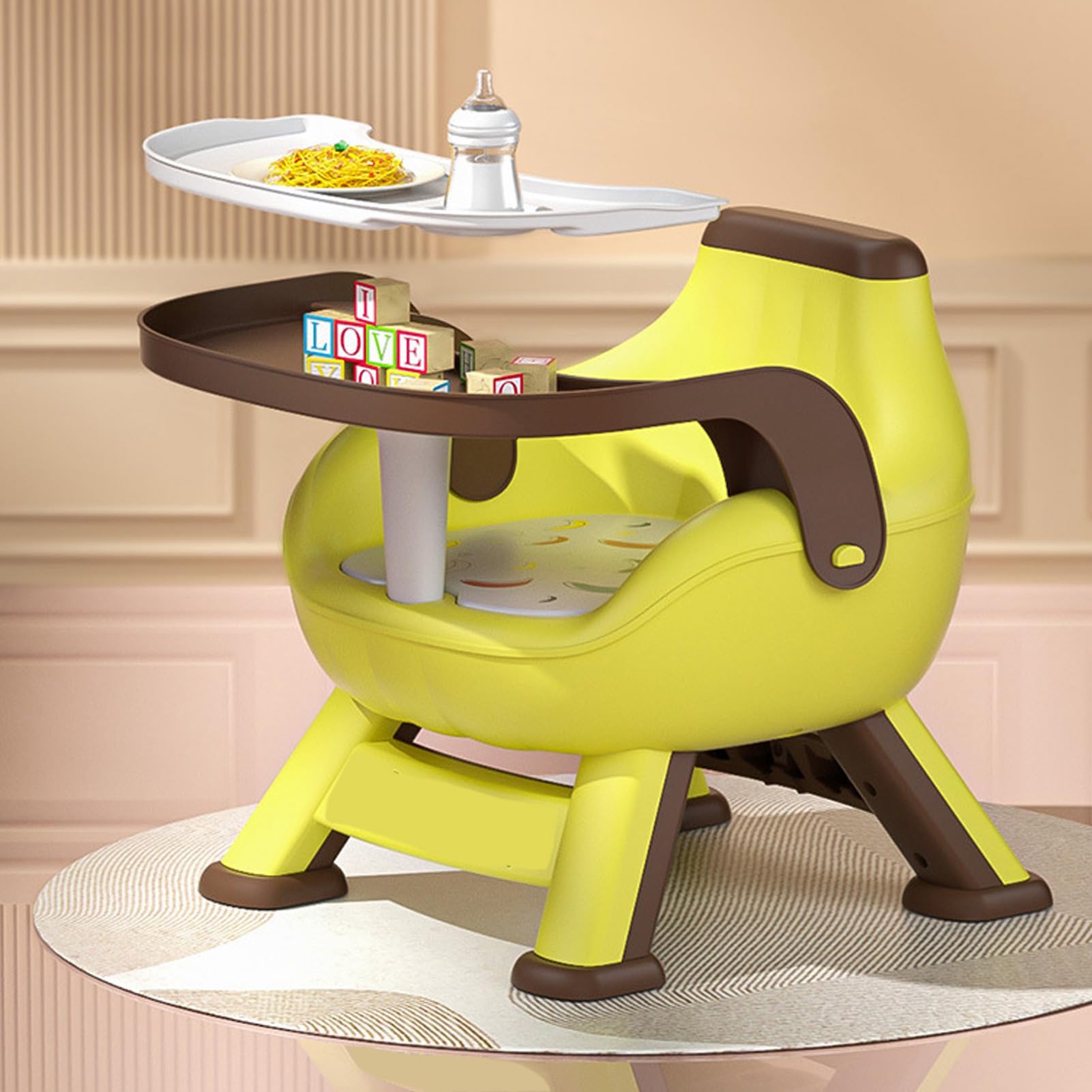 Silla para Comer Multifuncional para bebé con Cojín de Sonido Suave, Bandeja de Doble Capa, Diseño Extraíble para Alimentación Infantil (Amarilla)