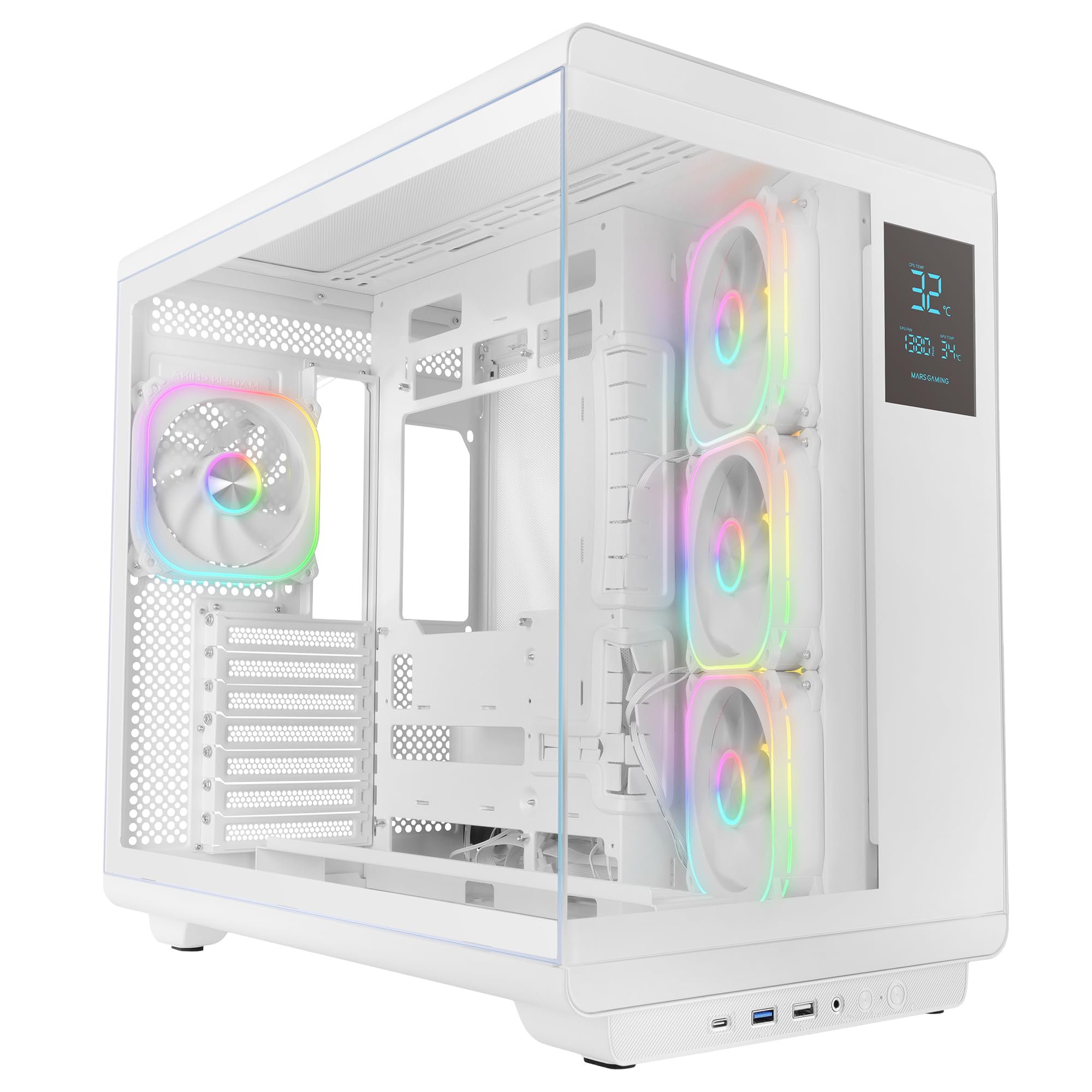 Mars Gaming MC-REVPRO, ATX PC Case, 4.3" LCD Display, Continuous Tempered Glass, 4 PWM ARGB Fans, Liquid Cooling up to 360mm, Compatible with Back-Connect Motherboards, USB-C, White