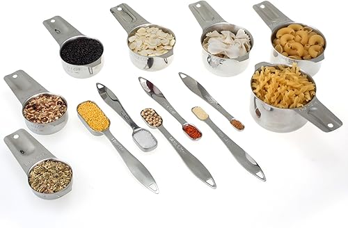 Miniatura 8 de Juego de tazas y cucharas medidoras de 13 piezas, acero inoxidable 188, mango ergonómico resistente con conector de anillo, color plateado
