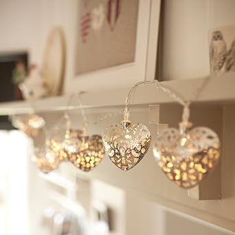 Lights4fun 20 Warm White LED Silver Metal Filigree Heart Shaped String Fairy Lights Plug in Indoor Use 2.85m [Energy Class A+++]