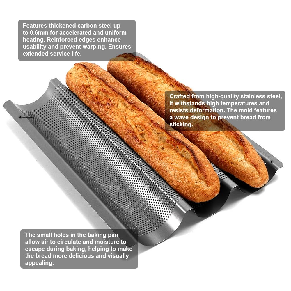 2 Pièces Plaque à Baguette Moule pour 3 Baguettes Moulle à Baguette Pain avec Revêtement Antiadhésif Moule à Pain Baguette Français Moule à Baguette en Acier Carbone pour Cuisson De Pain