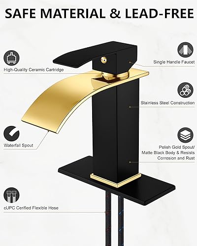 Miniatura 6 de Midanya Grifo de baño en cascada, grifo de lavabo de baño de una sola manija con placa de cubierta y drenaje emergente, grifo de baño de oro pulido