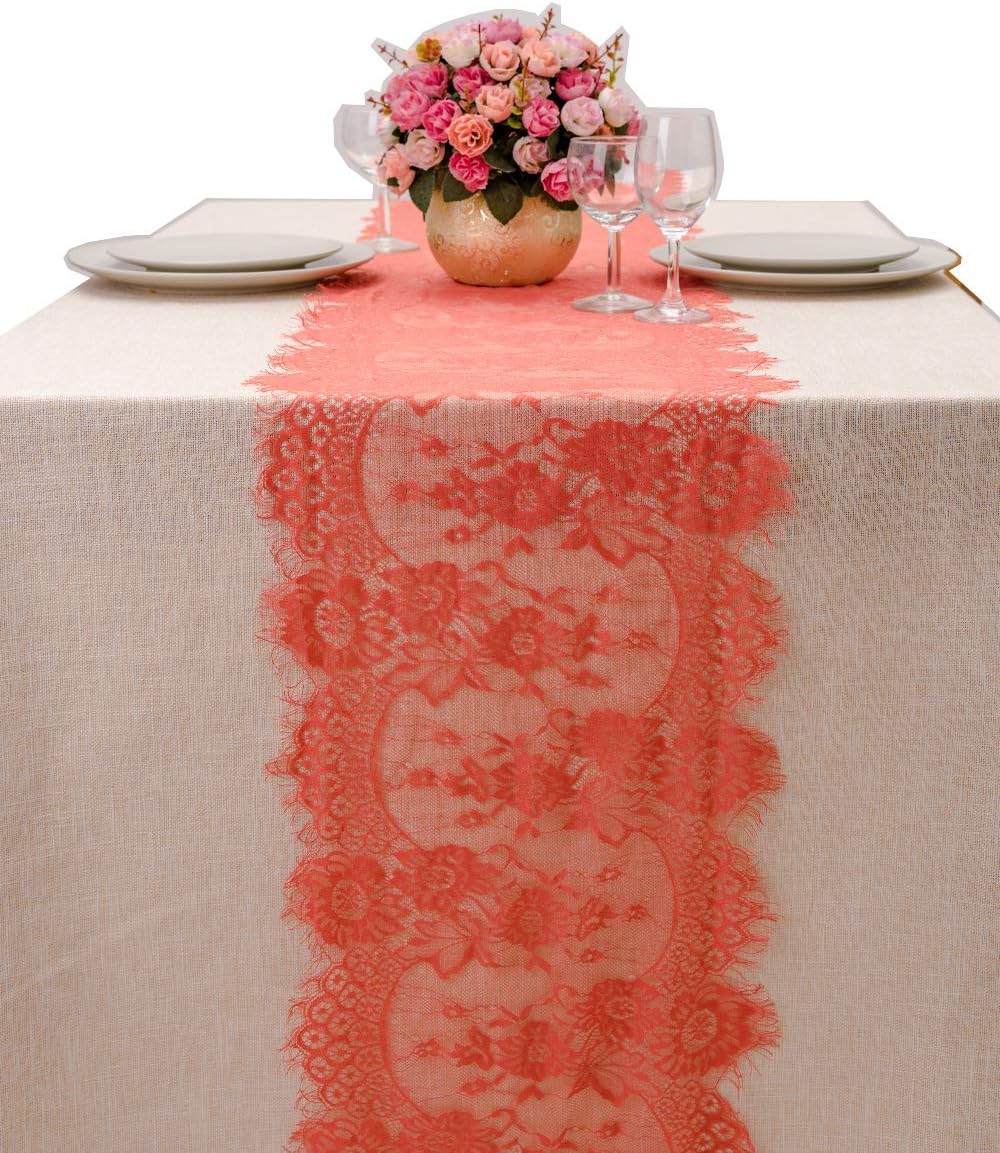Crisky 14x120 Inch Coral Lace Table Runnerswith Rose Vintage Embroidered, Thin, Summer Wedding Reception Table Decoration Baby & Bridal Shower Party Decor