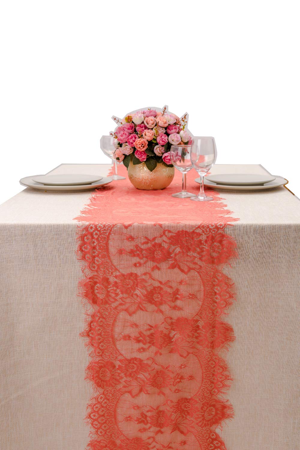 crisky 14x120 Inch Coral Lace Table Runnerswith Rose Vintage Embroidered, Thin, Summer Wedding Reception Table Decoration Baby & Bridal Shower Party Decor