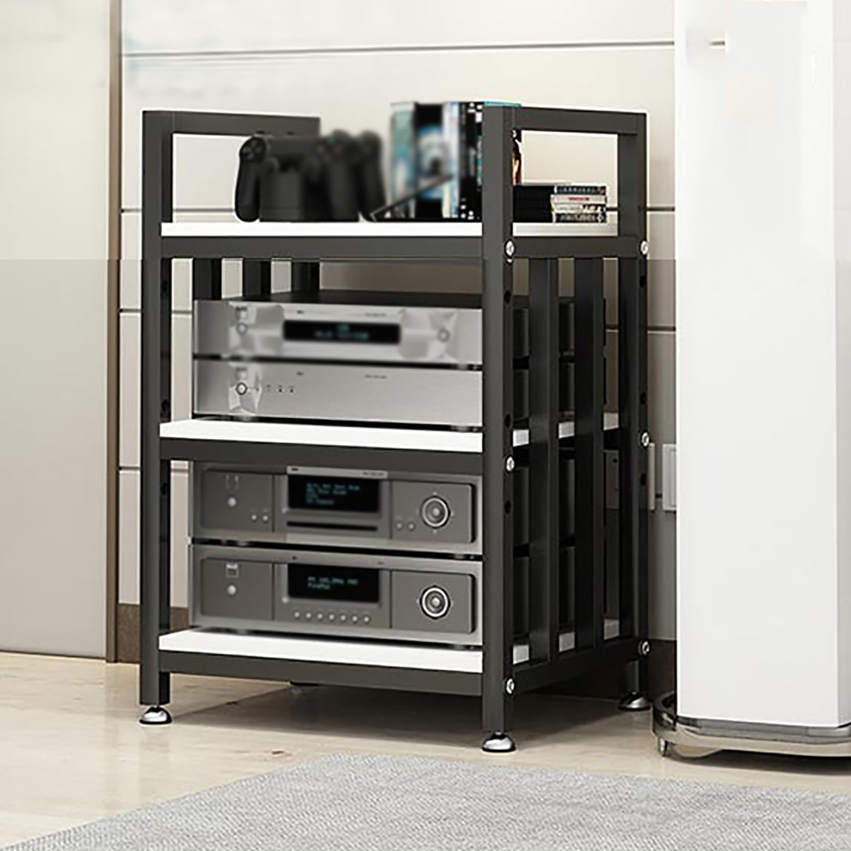 Wielowarstwowy stojak na audio HiFi i stojak na płyty winylowe, stojąca szafka do przechowywania multimediów AV, router i organizer na płyty, stylowe czarne wykończenie, idealny dla audiofilów