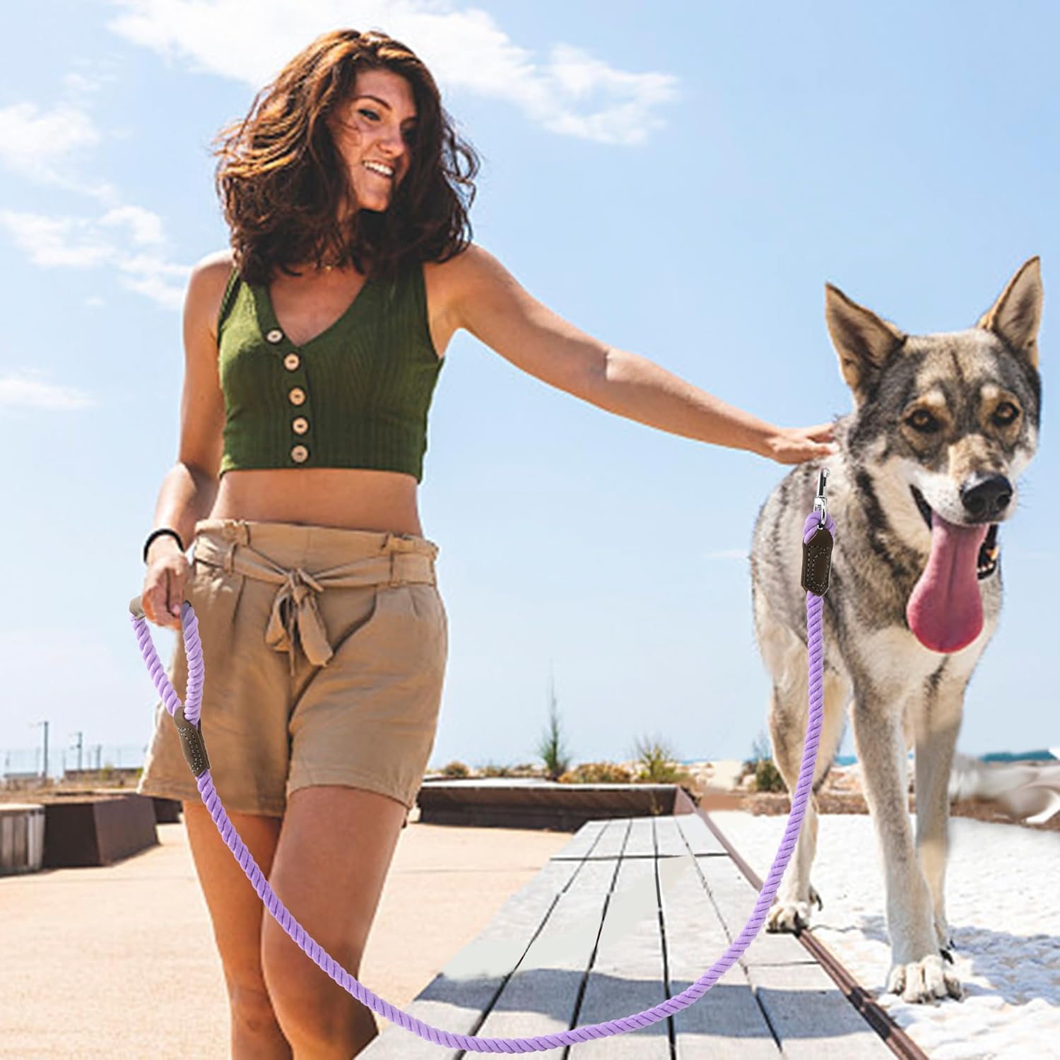 Mile High Life Dog Leash, Braided Cotton Rope Leashes with Leather Handle - Heavy Duty Metal Clasp, 6FT, 1/2" Thick - Wedding, Walking & Training Leash for Medium Large Dogs (Purple)