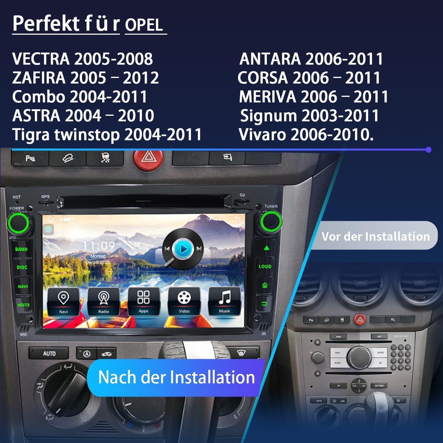 Android Autoradio mit CarPlay für Opel Corsa D/Astra H/Zafira B/Corsa C/Vectra C [Android 14.0, 4+64GB, 2 DIN, 2.0GHz], Touchscreen Bluetooth Navi/WiFi, Lenkradsteuerung, Mirrorlink, DVD