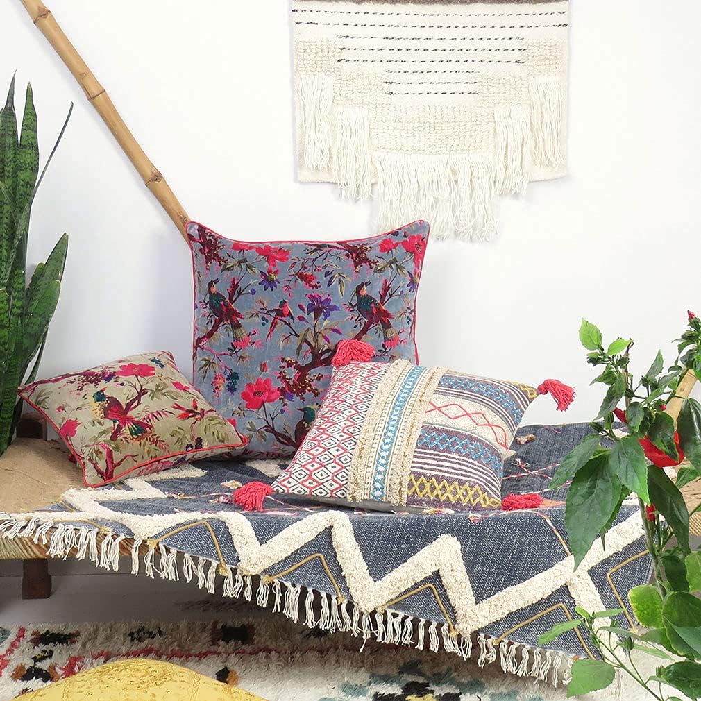 Eyes of India Boho Velvet Bird Print Throw Pillow Cover, Colorful Decorative Floral Cushion Case for Sofa Couch, Bohemian Chic Accent for Bedroom Living Room, 24x24 inch (60x60 cm), Green Olive