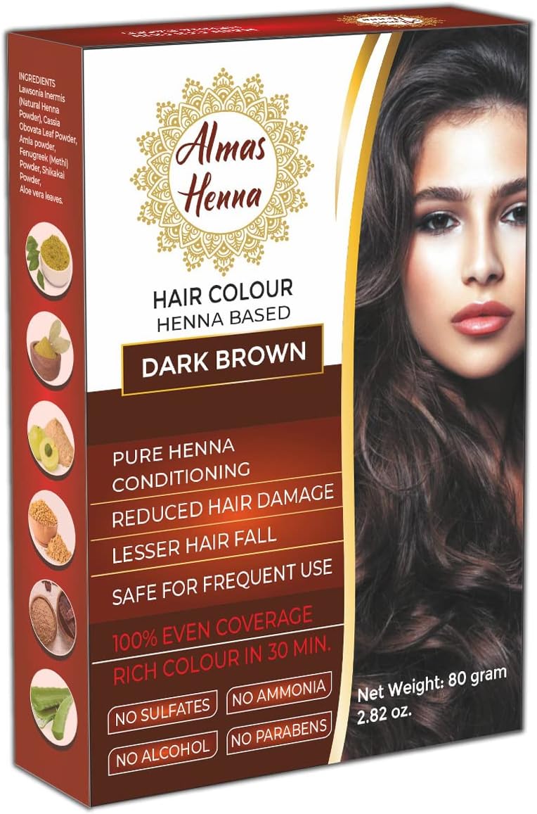 Almas Henna 80 GRAM 100% Organic Hair Color Powder Infused with Herbs, Natural Henna for Soft Shiny Hair (2.82 OUNCE, DARK BROWN)