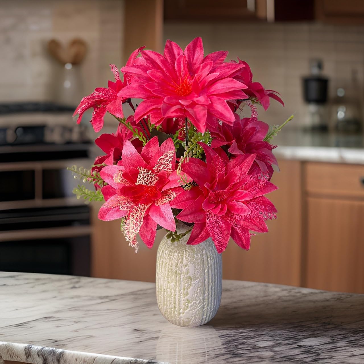 Saikara Collection 1 Pc Artificial 5 Heads Flower Bunch for Vase and Flower Pots (30 cm Each, Rani) - Home Decor Item for Living Room Centerpiece Table Decorations (Pot Not Included) Fabric