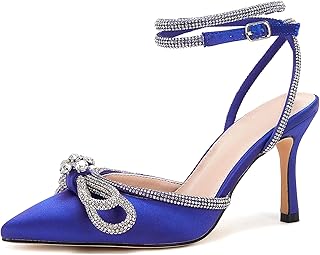 Women's Double Bow Pointed Toe Ankle Strap Crystal Pumps Wedding Bridal Party Stilettos Backless Satin Heeled Sandals