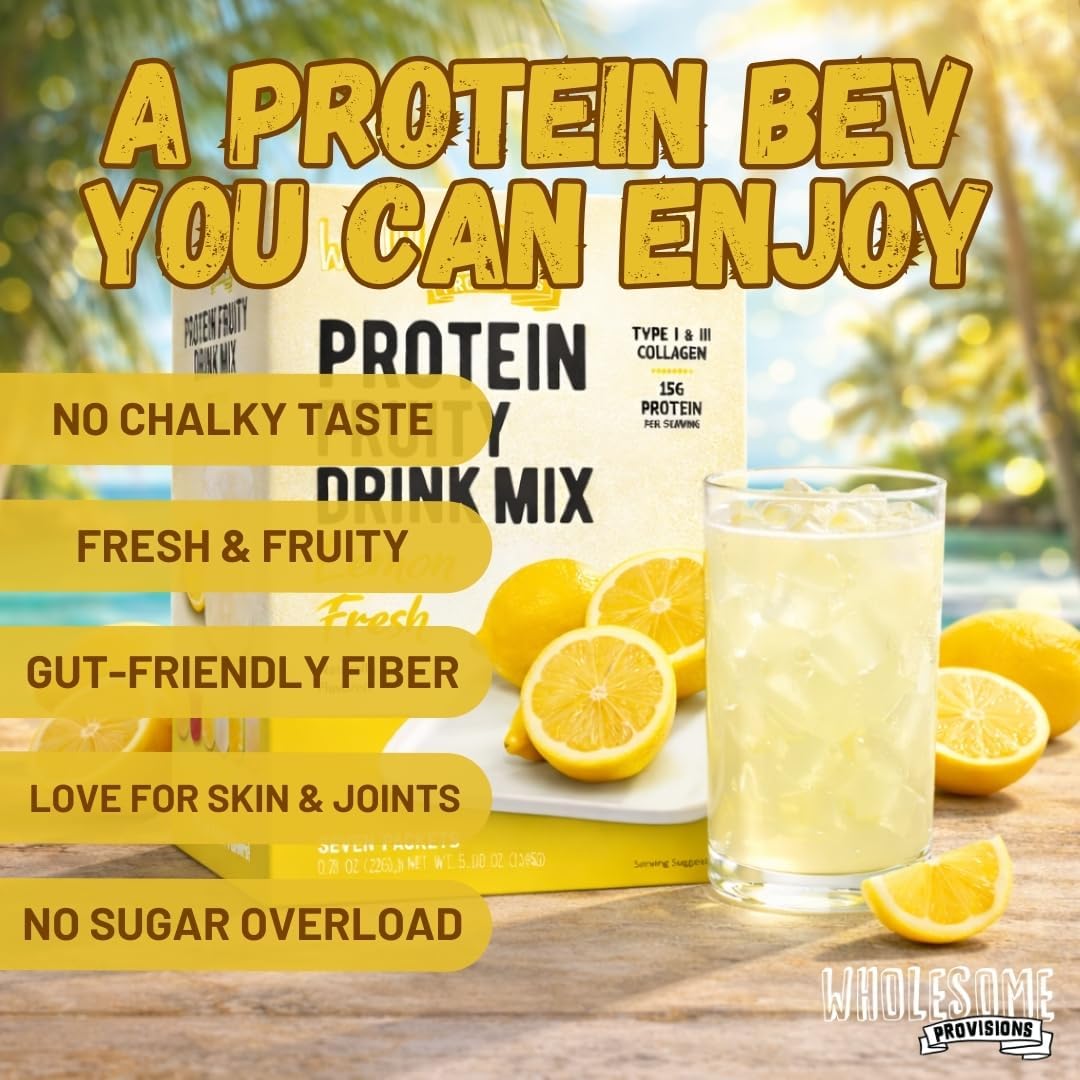 Protein Fruit Drink Mix, 15g Protein, Low Sugar, Collagen + Prebiotics, No Artificial Colors or Dyes, Refreshing by Wholesome Provisions (Pack of 3, Lemon)