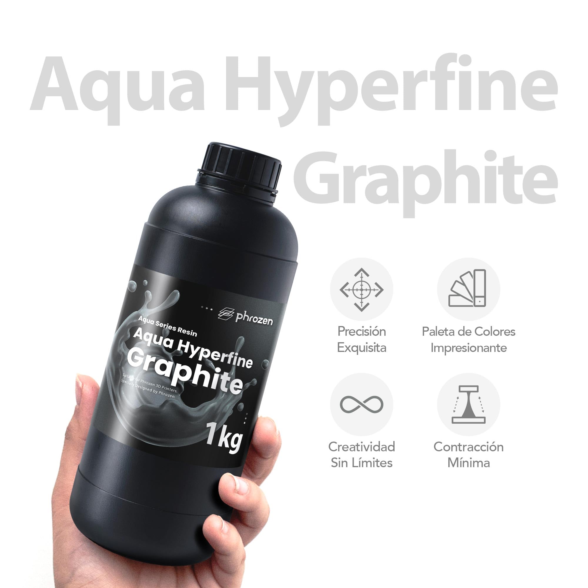 Phrozen Aqua Hyperfine Resina para Impresoras 3D LCD con Resolución de 12K+ | Resina Fotopolímero Estándar 405nm | Alta Precisión, Calidad de Impresión Estable - Gris (1kg)