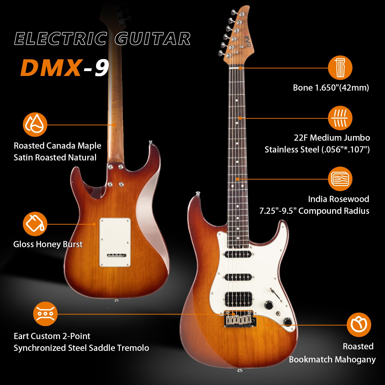 EART E-Gitarre DMX-9, 6-saitige Tremolo Bridge, Humbucker Pickups, Solid Body, 5-Wege Schalter Gitarren (Honeyburst)