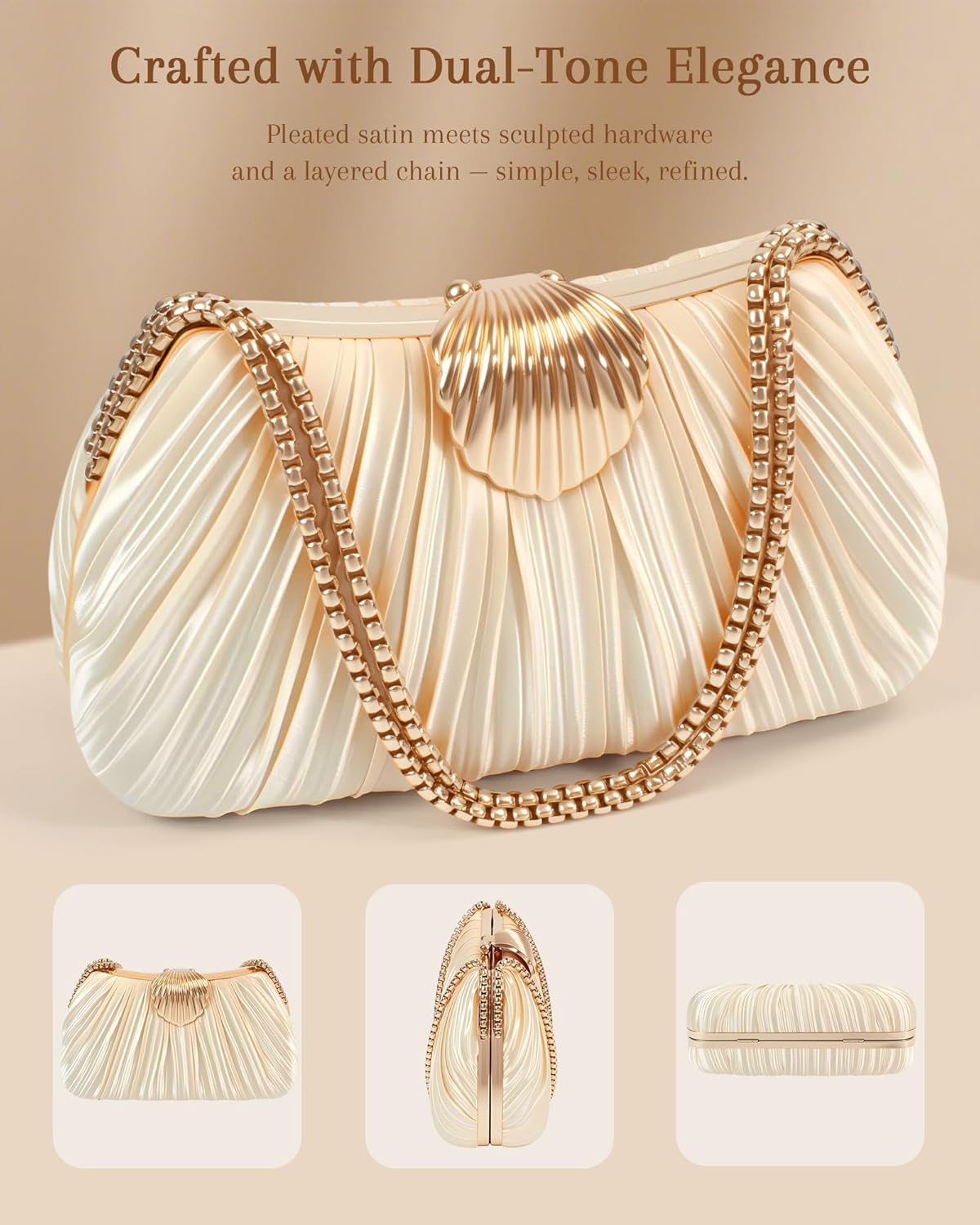 Gold Satin Clutch Evening Bag for Women – Elegant Pleated Wedding Party Purse with Chain Strap,Formal Handbag - Image 6