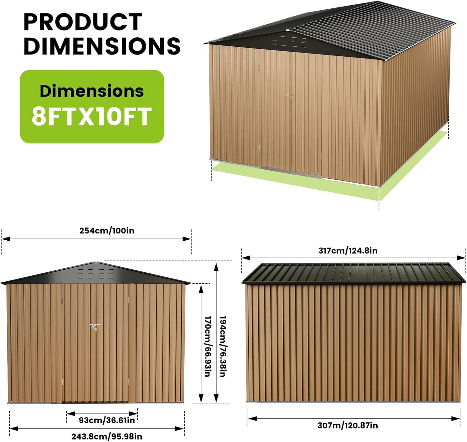 outdoor storage shed 8 x 10 ft, metal storage shed, outdoor tool storage sheds with door lock, waterproof, for backyard, garden patio lawn brown 8x10 ft