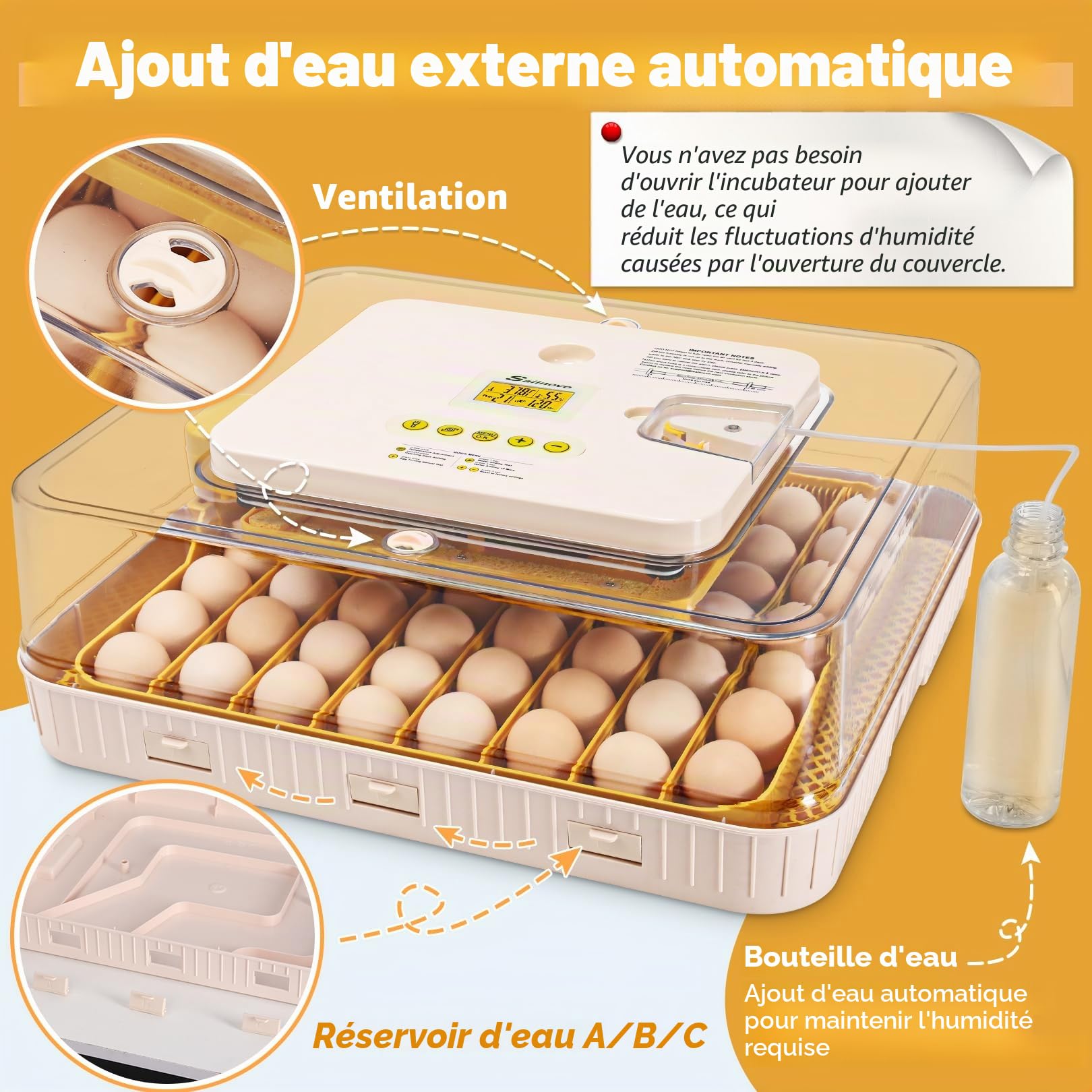 Sailnovo Couveuse Automatique pour 56 Œufs, Couveuse Oeuf Poule avec Retournement Automatique des Œufs, Contrôle de Température et Ajout Automatique d'Humidité, Jaune