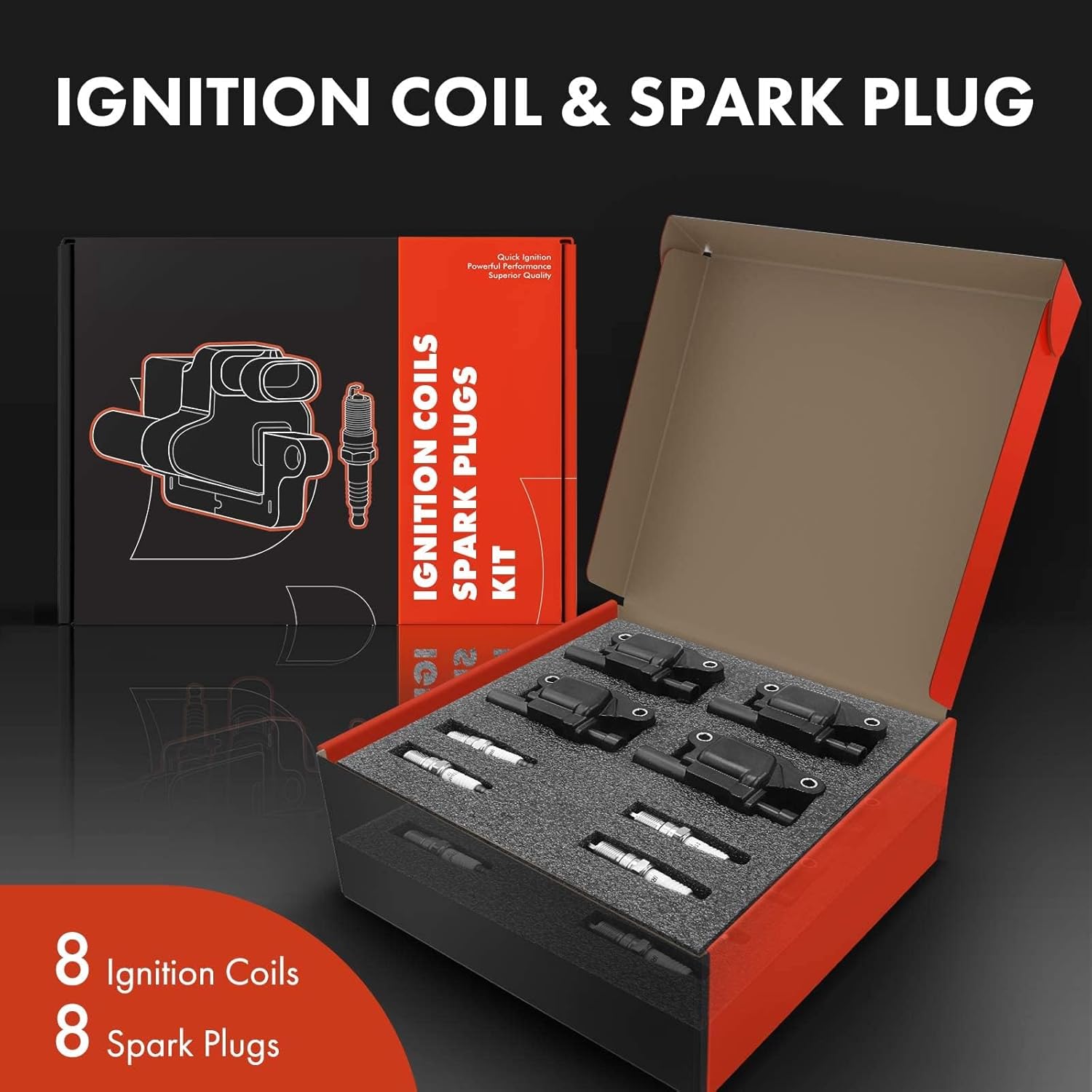 A-Premium Set of 8 (Yellow) Round Ignition Coil Pack and Iridium Spark Plugs Compatible with Chevrolet Silverado GMC Sierra 1500 2500 Tahoe Yukon Buick Cadillac