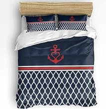 Navy Blue Morocco Duvet Cover Full Size, 3 Piece Bedding Set with 2 Pillowcases, Red Ocean Nautical Anchor Stripe Soft Breathable Comforter Cover with Zipper Closure for Teens, 86" x 86"