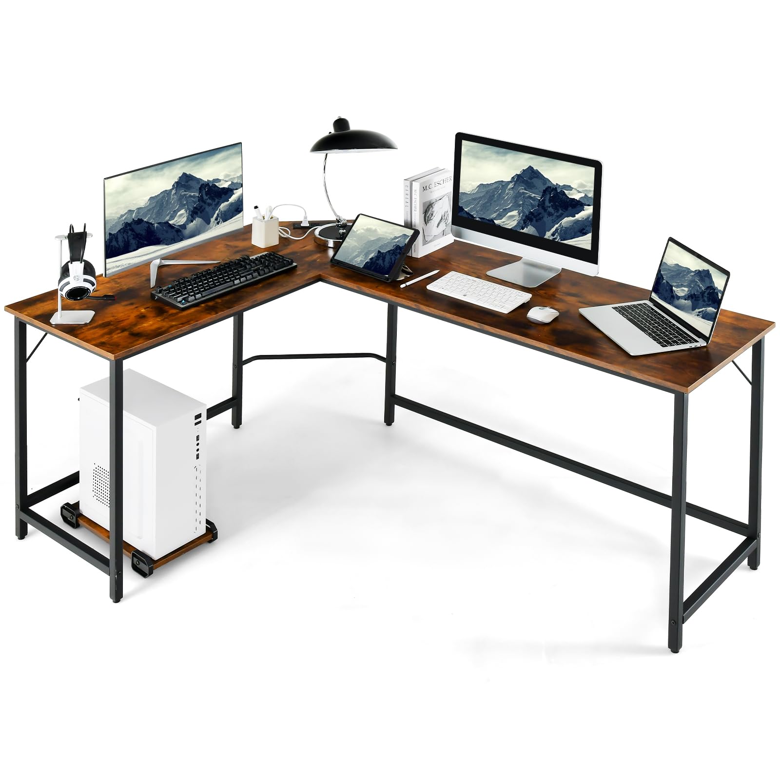SFAREST Computer Desk, 168 x 125 x 75cm L-Shaped Corner Desk with Removable CPU Stand, Wooden PC Laptop Study Writing Workstation for Home Office (Rustic Brown) — image 1
