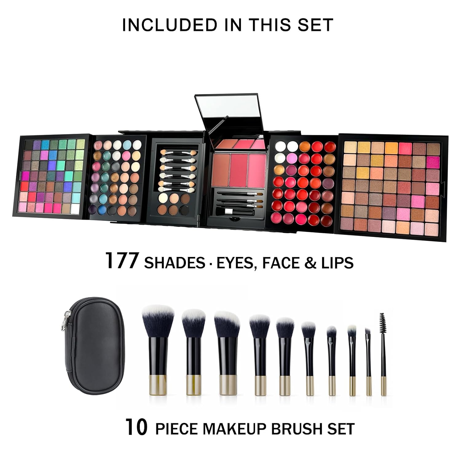 177-Color All-in-One Makeup Palette with 10 Brushes, Portable Case, Eyeshadows, Gel Eyeshadow, Lip Gloss, Concealer, Blush & Brow Powder – Complete Beauty Set for Women & Girls - Image 2