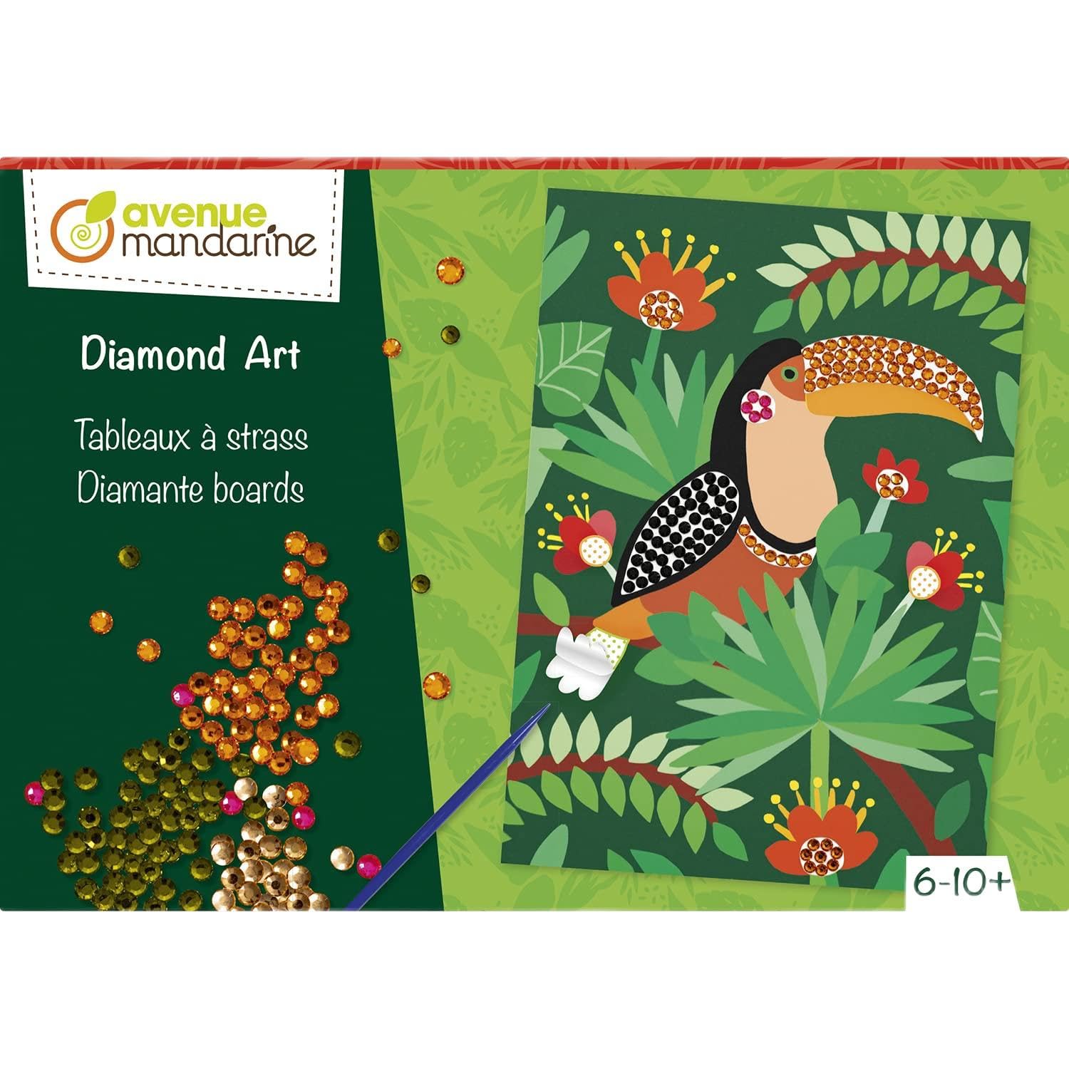 Avenue Mandarine – Caja creativa con cuentas y cuadros para decorar en pedrería, tema jungla, 4 tablas de 21 x 15 cm, aproximadamente 700 dimanantes luminosos, 6 – 10 años– Instrucciones incluidas–