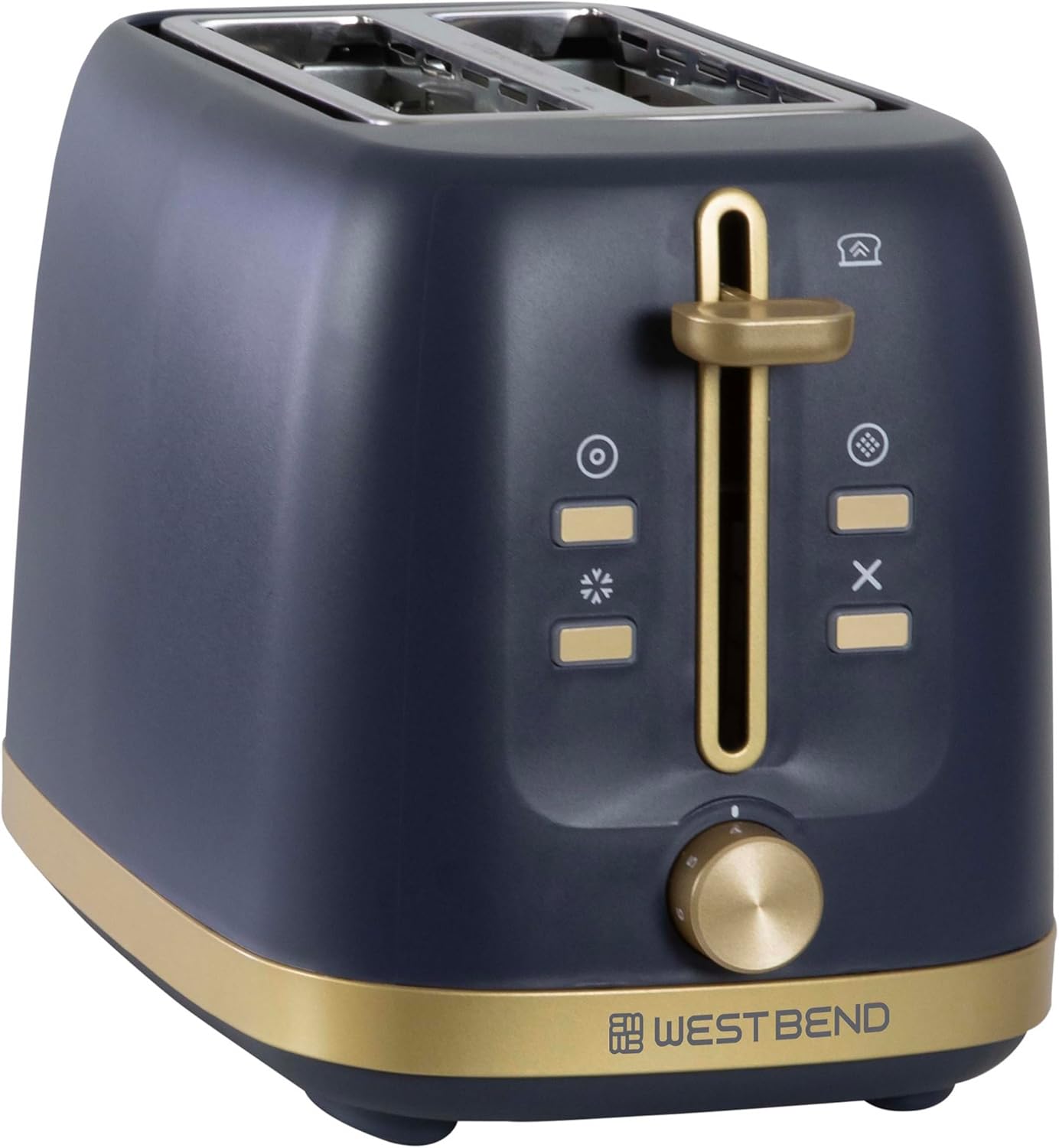 West Bend Timeless 2-Slice Toaster with 7 Browning Levels, Bagel/Waffle/Defrost Settings, High-Lift Lever, Anti-Jam, Easy-Clean Crumb Tray, 2-Slice, Blue/Gold