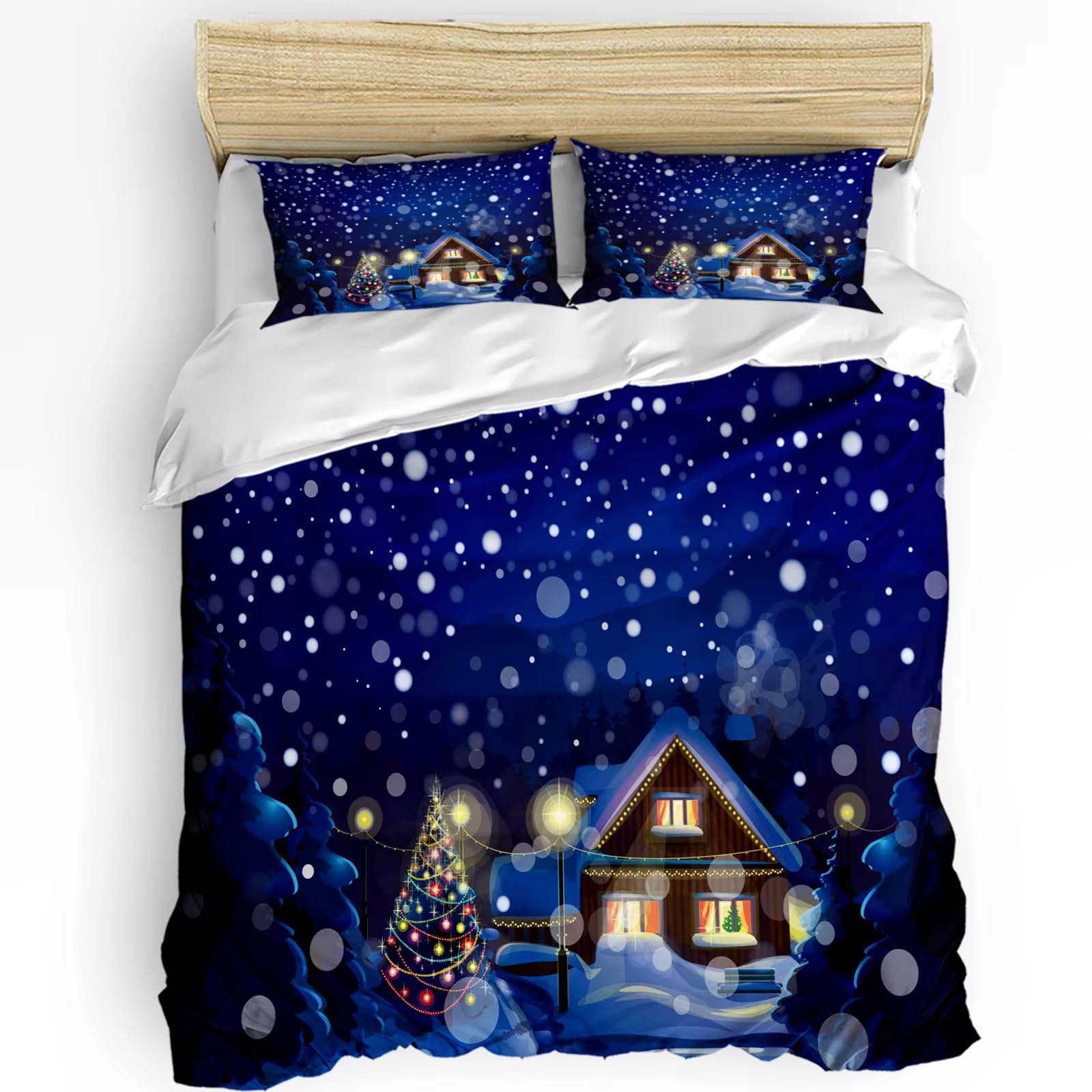 Housse de couette de Noël 140x200 cm bleue avec taies d'oreiller motif chalet