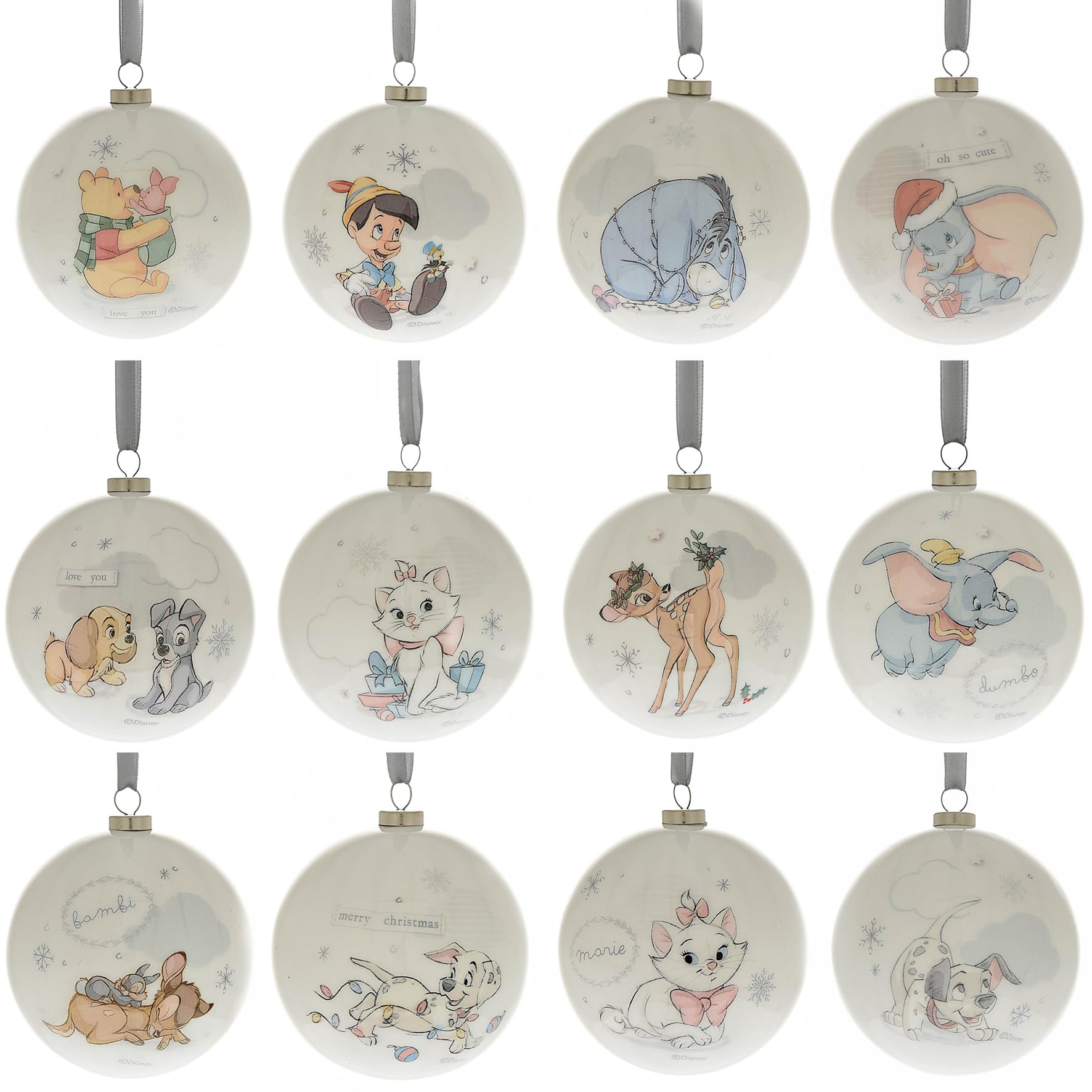 Disney Magical Beginnings - Set of 12 Baubles - Pooh, Tigger, Piglet & Eeyore, Bambi, Pinochio, Dumbo & Marie- Officially Licensed Merchandise - Xmas Ornament For Christmas Tree Festive Decor.