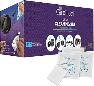 Care Touch Lens Wipes for Eyeglasses - 210 Individually Wrapped Pre-Moistened Wipes, 5x6 Inches - Cleaner for Glasses, Sunglasses, and Screens - Gentle and Portable for On-the-Go Cleaning of Devices