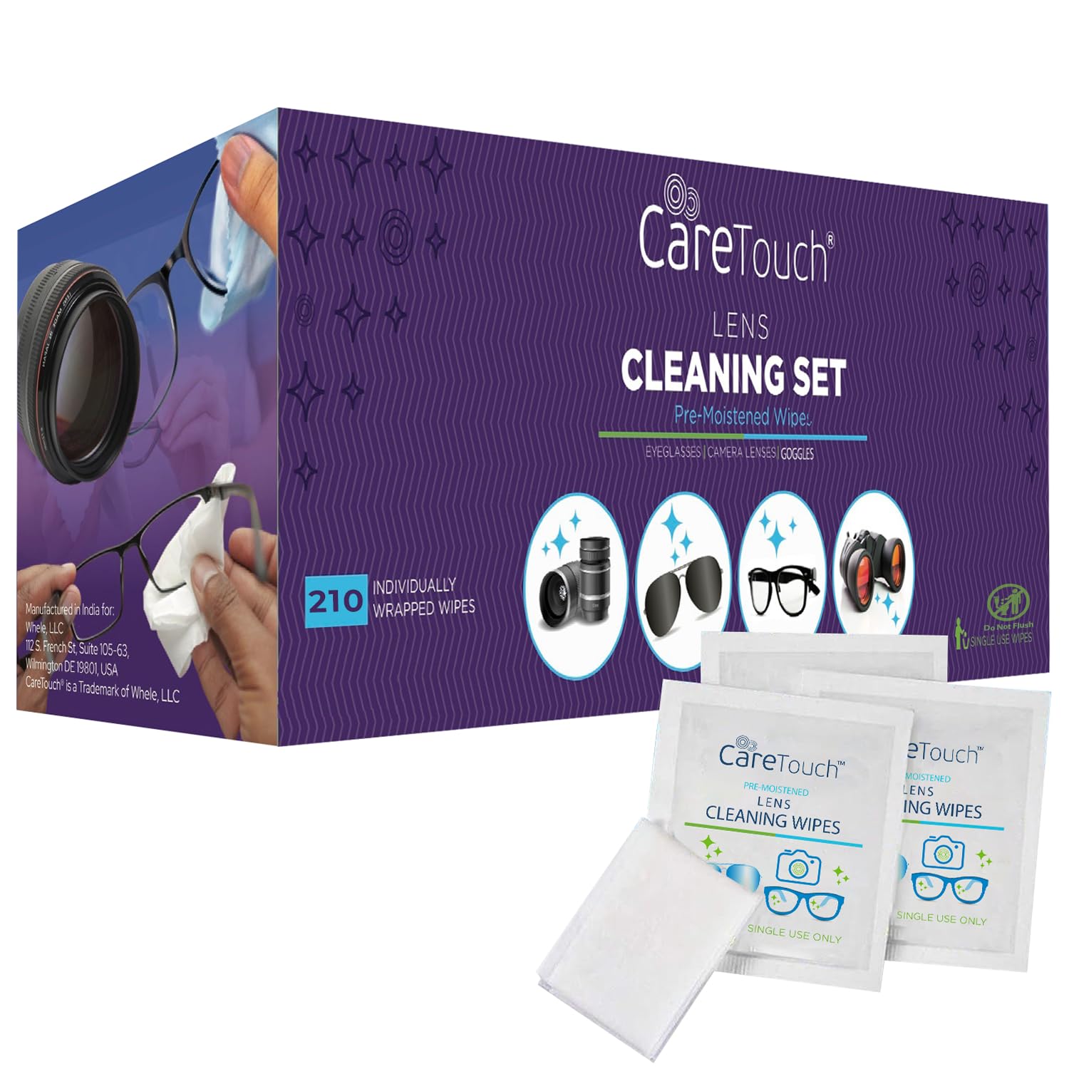 Care Touch Lens Wipes for Eyeglasses- 210 Count Individually Wrapped Pre- Moistened Wipes 5 x 6 Inch- Camera