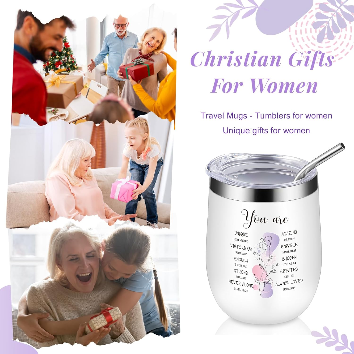 Hoolerry 6 Pcs Christian Tumblers for Women 12 oz Stainless Steel Insulated Tumbler with Lid and Straw Inspirational Christian Church Gifts Religious Gifts for Back to School Teacher Gift(Purple,Boho) - Image 6