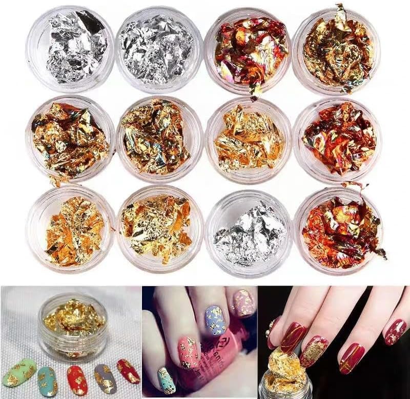 Gold Leaf Sheets - Irregular Gold & Silver Nail Art Stickers, 3D Glitter DIY Manicure Decoration Tools, Aluminum Foil Paper for UV Nail Design, 1 Box (H, 1pcs)