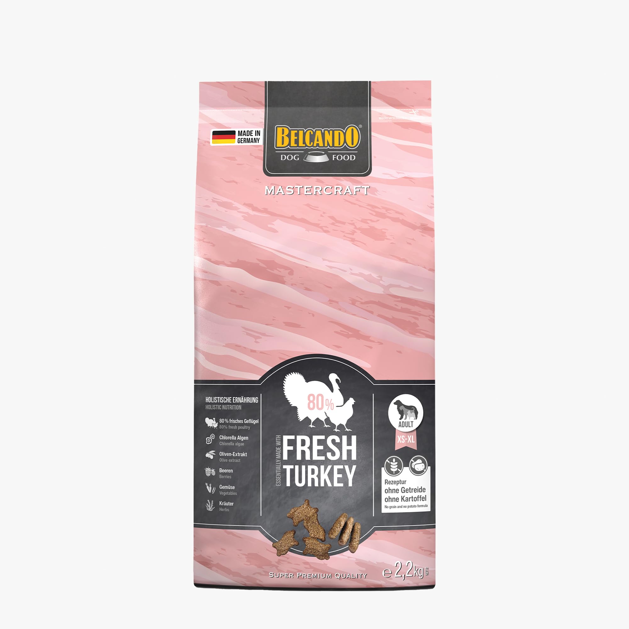 BELCANDO MASTERCRAFT Hundefutter trocken Fresh Turkey, 2,2kg, Trockenfutter für Hunde mit Truthahn, 80% Frischfleisch, getreidefrei, für alle Rassen, Made in Germany