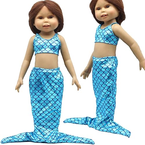 Miniatura 3 de Conjunto de disfraz de sirena de 18 pulgadas para muñeca estadounidense, traje de baño de cola de sirena brillante, ropa de princesa (azul)