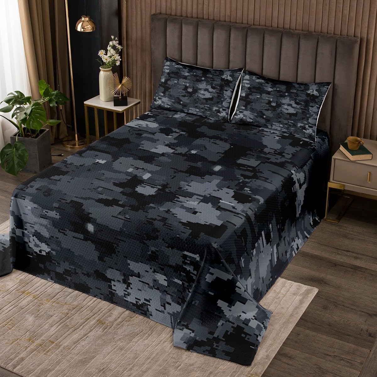 Pixelated Blocks Miners Kids Bedspread Twin Size,Army Caomo Military Video Games Coverlet Set,Girls Boys Room Decor,Camouflage Gamepad Modern Quilted Coverlet,Dark Blue Bedding Quilt,1 Pillowcase