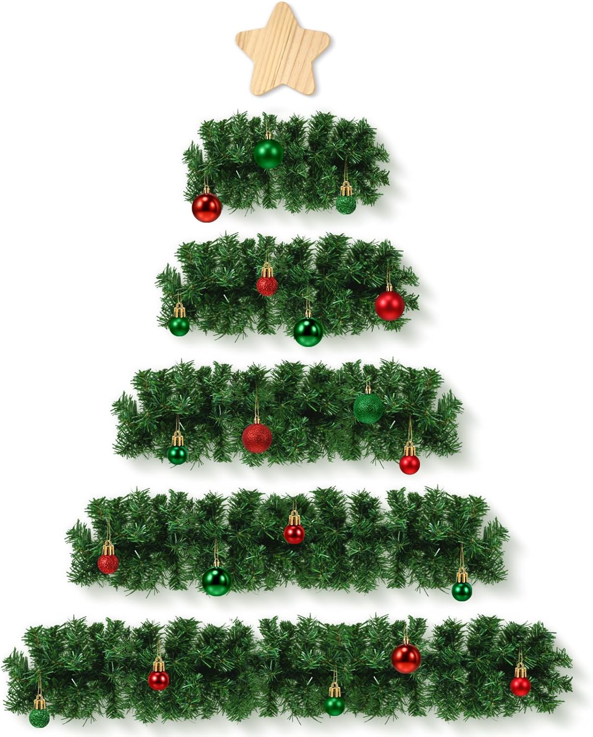 Jenaai 8.5 ft Wall Hanging Christmas Tree DIY Wall Christmas Tree Artificial Pine Xmas Decoration with Wooden Star and Xmas Red and Green Ball Golden Bell for Living Room Office School