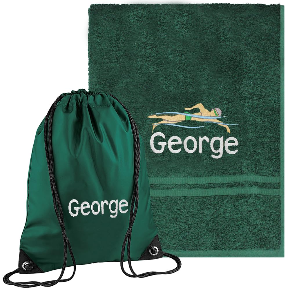 Teddyt's Bottle Green Personalised Swimming Towel & Drawstring Bag Set