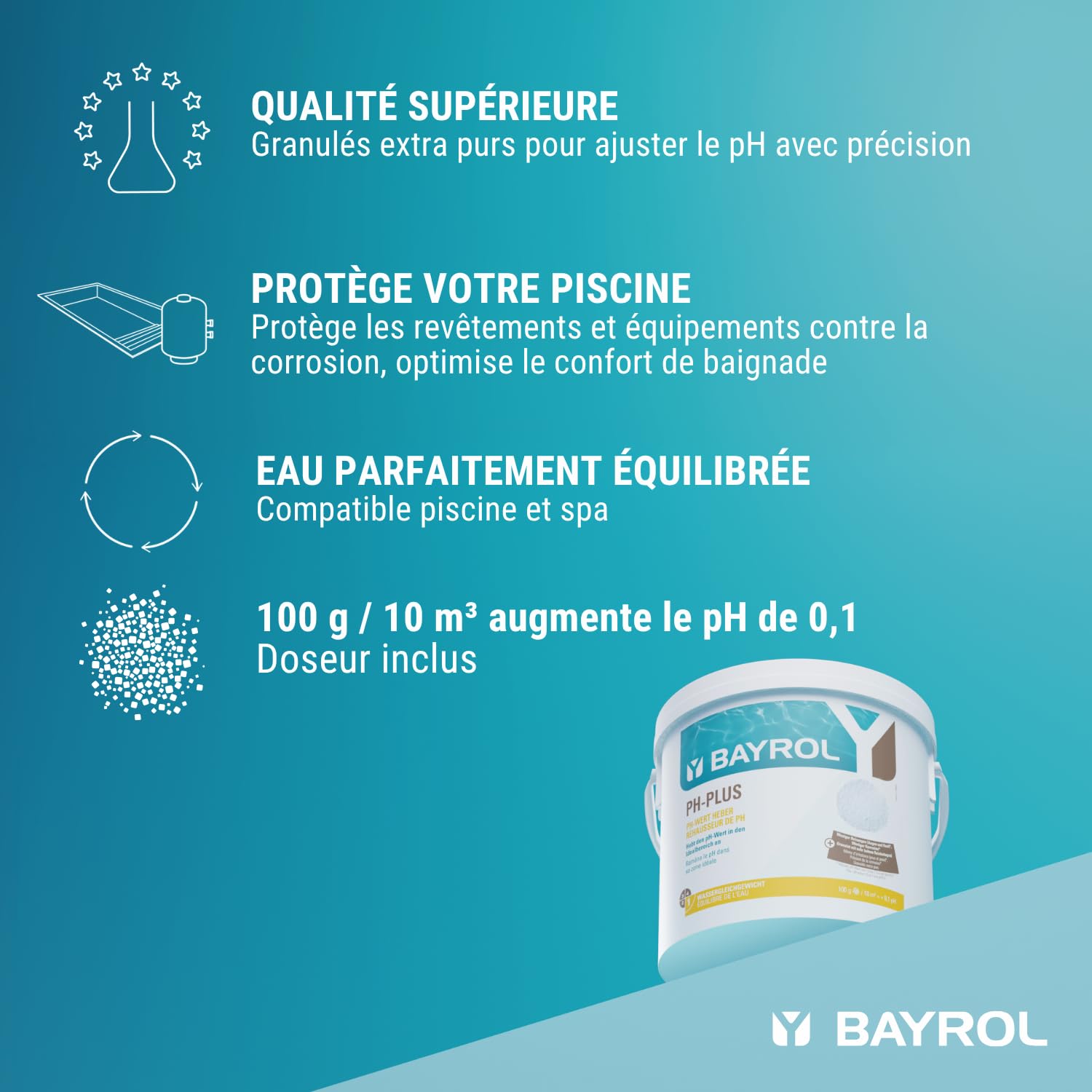 BAYROL e-pH-Plus Piscine et Spa 5 kg - Réhausseur de pH Rapide - Granulés pH+ pour Piscine et Spa - Doseur Inclus - Corrige pH Bas