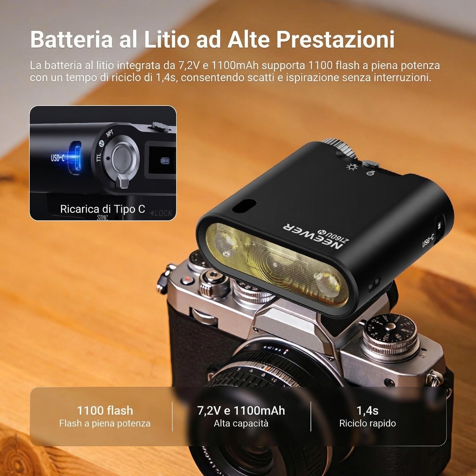 NEEWER Z160U-N Flash Speedlite Fotocamera Solo Compatibile con Nikon, 18Ws GN14 6000K TTL HSS 1/8000, Luce per Macchina Fotografica con Batteria 1100mAh USB C Riciclo 1.4s 1100 Flash a Piena Potenza