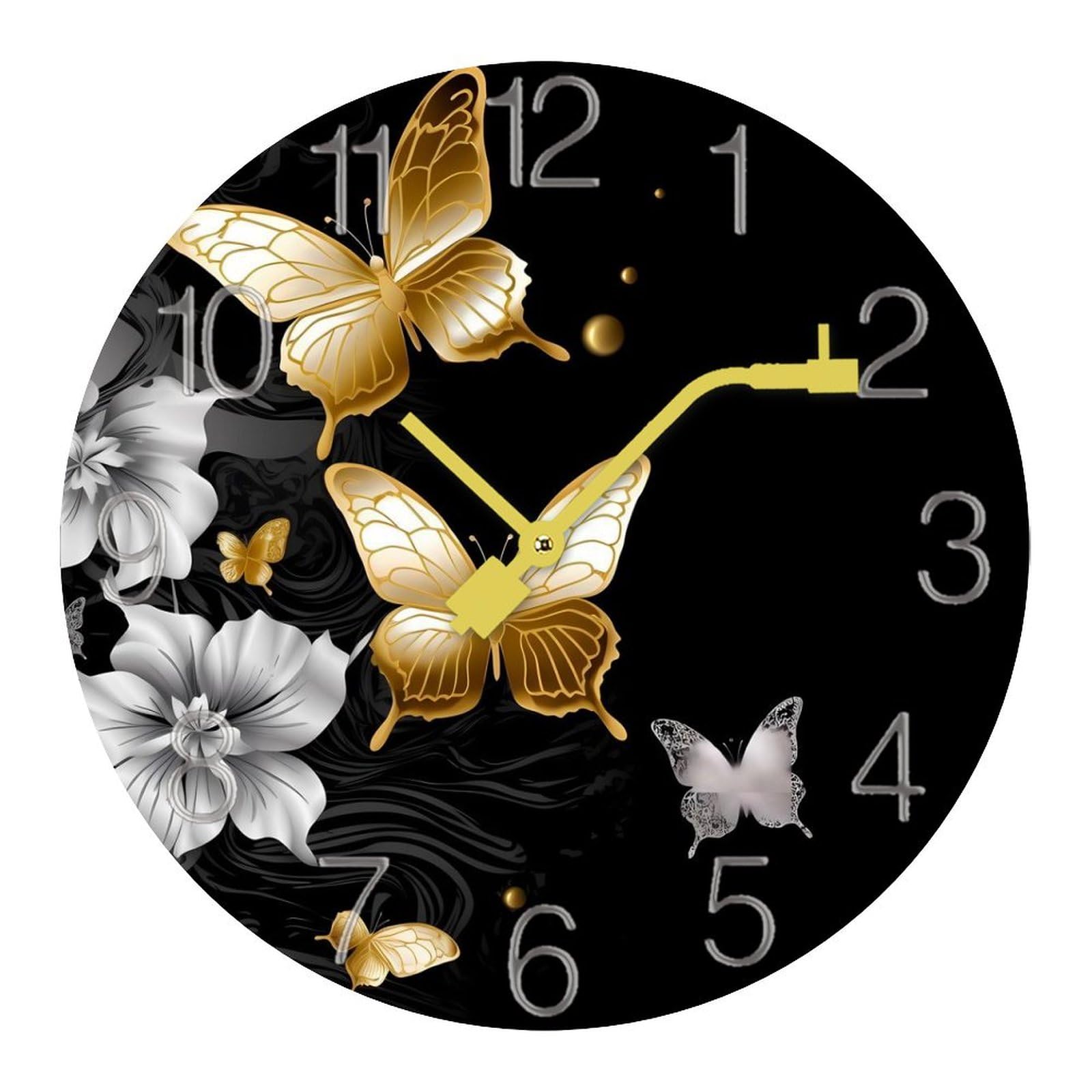 Horloge murale noire et dorée haut de gamme à papillons pour salon et bureau élégant