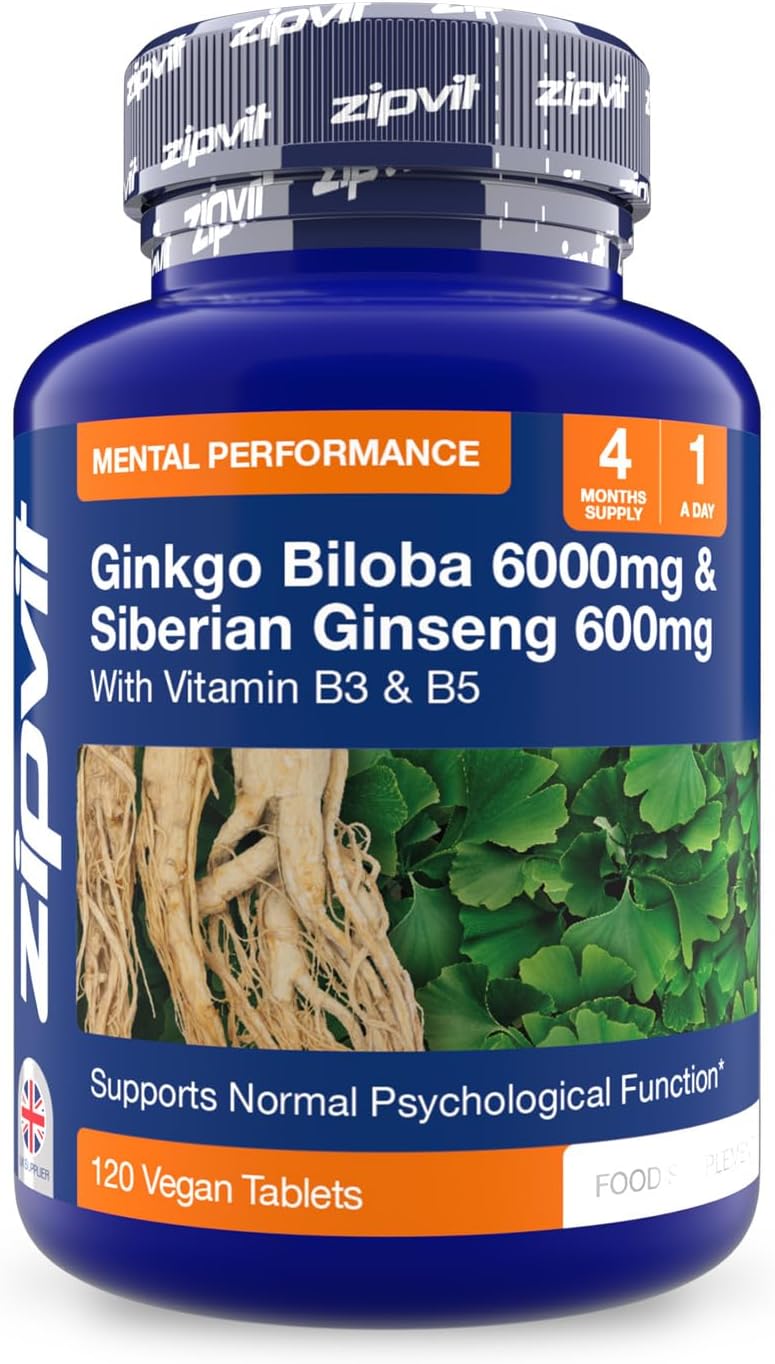 Zipvit Ginkgo Biloba 6000mg & Siberian Ginseng 600mg with Vitamin B3 & B5, Supports Energy & Mental Performance. 4 Months Supply, 120 Vegan Tablets, 1 a Day.