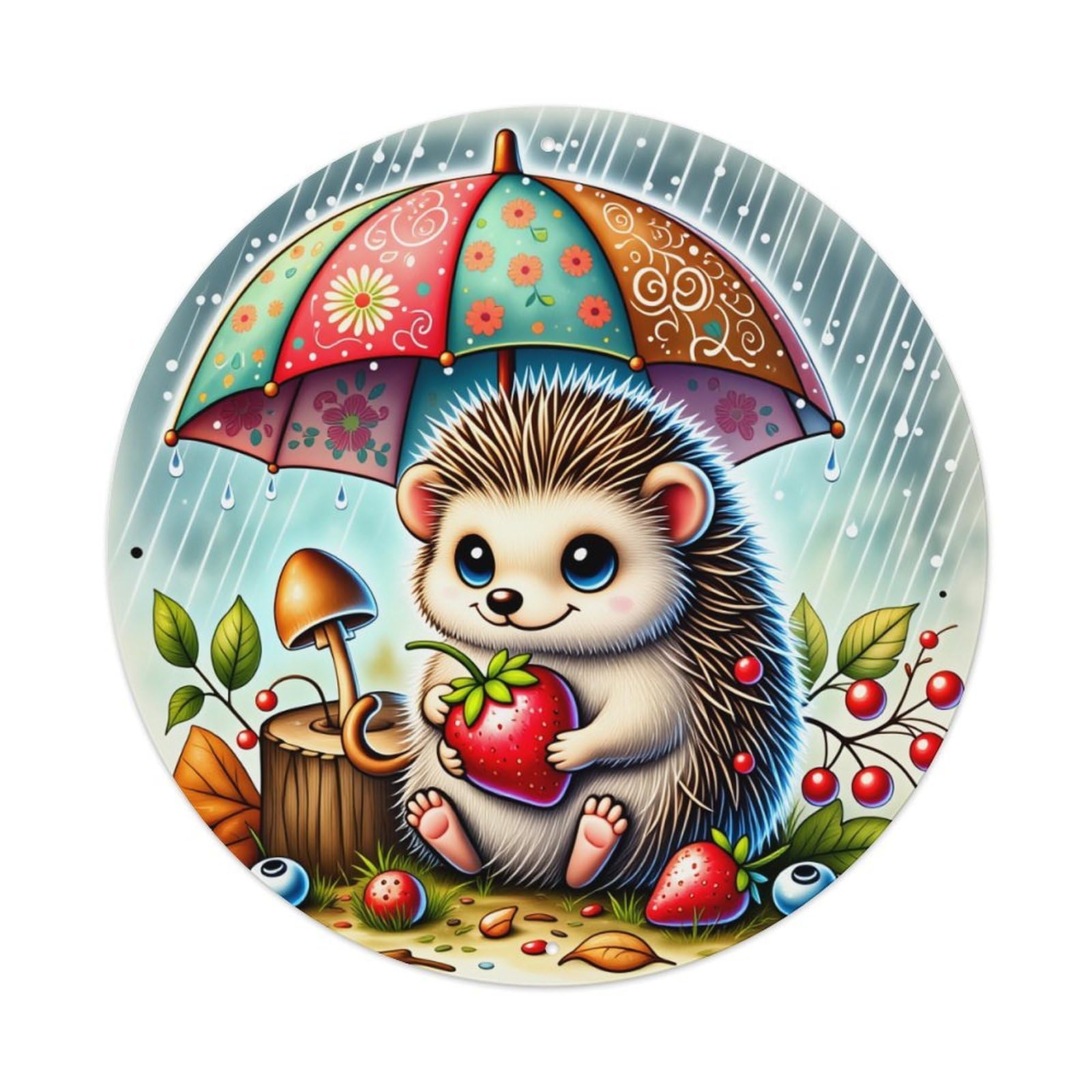 Cute Hedgehog Strawberry Umbrella Rain Round Tin Sign Vintage Style Metal Sign Home Bar Garden Wall Plaque Decor Metal Poster 8x8 Inch