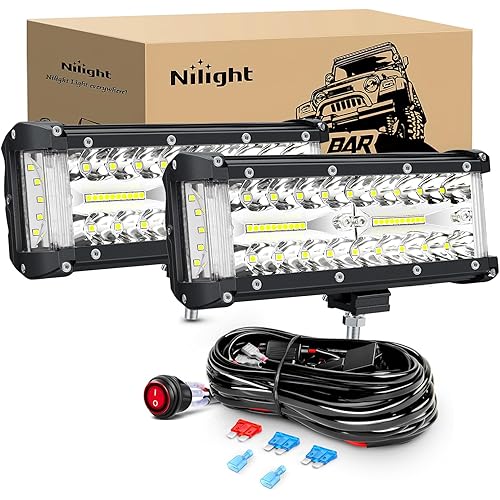 Nilight Side Shooter LED Light Bar 2PCS 7Inch Triple Row Spot Flood Combo Lights Led Work Light with Wiring Harness Kit for Off Road Fog Light Driving Light on Truck SUV ATV UTV, 2 Years Warranty