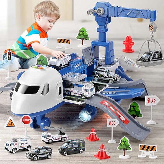 Transport Cargo Airplane Car Toy Set, Carrier Truck Toy Set Play Set for Boys and Girls Ages 3 and Up, Kids DIY Preschool Toy Gift, Includes 4 Cars, 1 Airplane