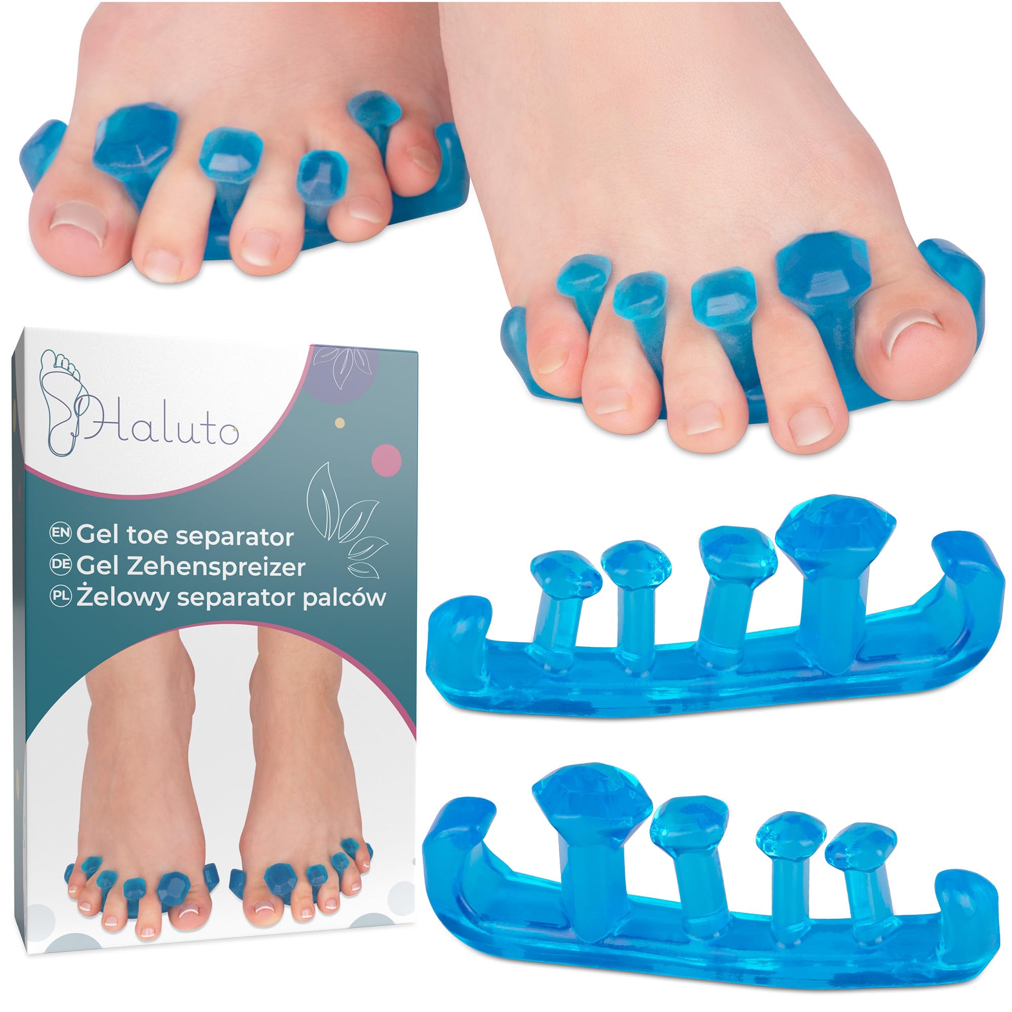 HALUTO separator palców - separator na haluksa i do pedicure - wielokrotnego użytku - korekcja palucha koślawego - separator palców silikonowy dla kobiet, mężczyzn - 3 rozmiary