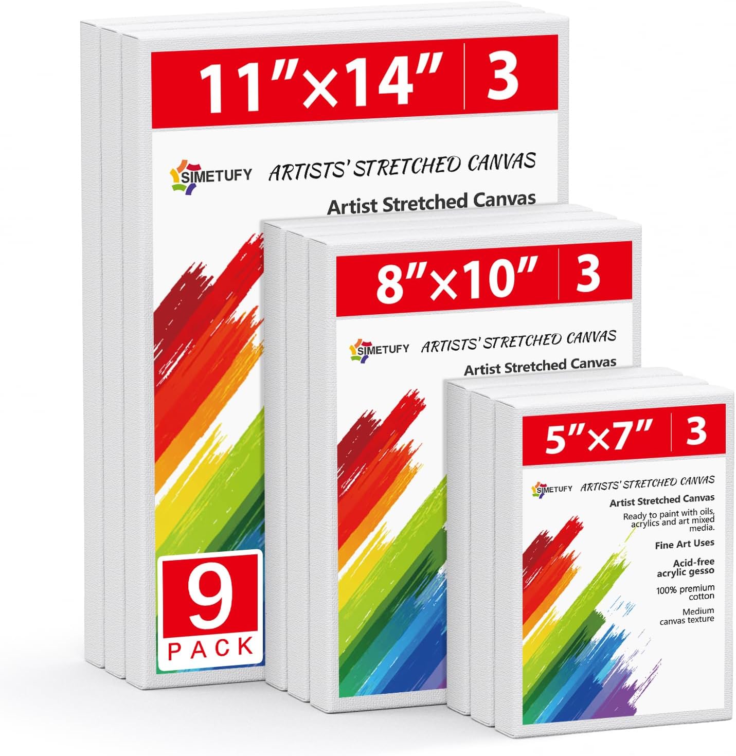 Simetufy 9 Sets Stretched Canvas for Painting, Multi Pack 5x7, 8x10, 11x14, Blank Artist Canvases Frame Board, 100% Cotton for Oil Acrylic Watercolor Paint, Acid-Free for Kids & Artists