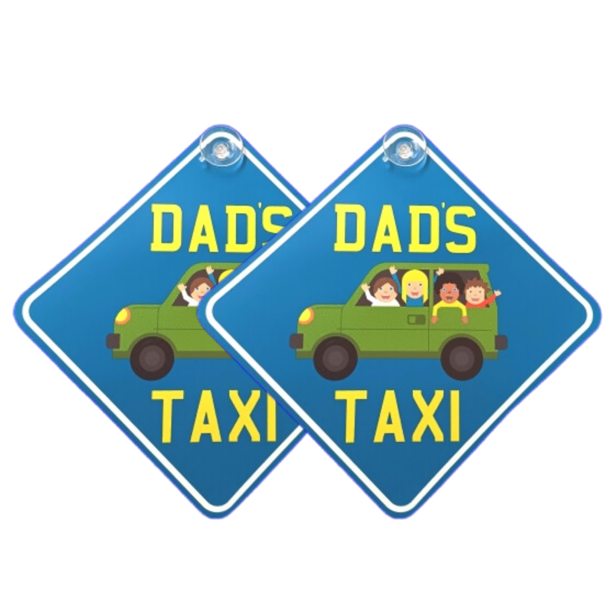 Tek Automotive Blue, Yellow, Green Dad's Taxi Car Sign Twin Pack - Fun Car Sign For Dads | Screen Printed Vinyl With Window Sucker | 14X14cm | Perfect Father's Day & Birthday Gift | Car Gifts For Dad & Taxi Drivers