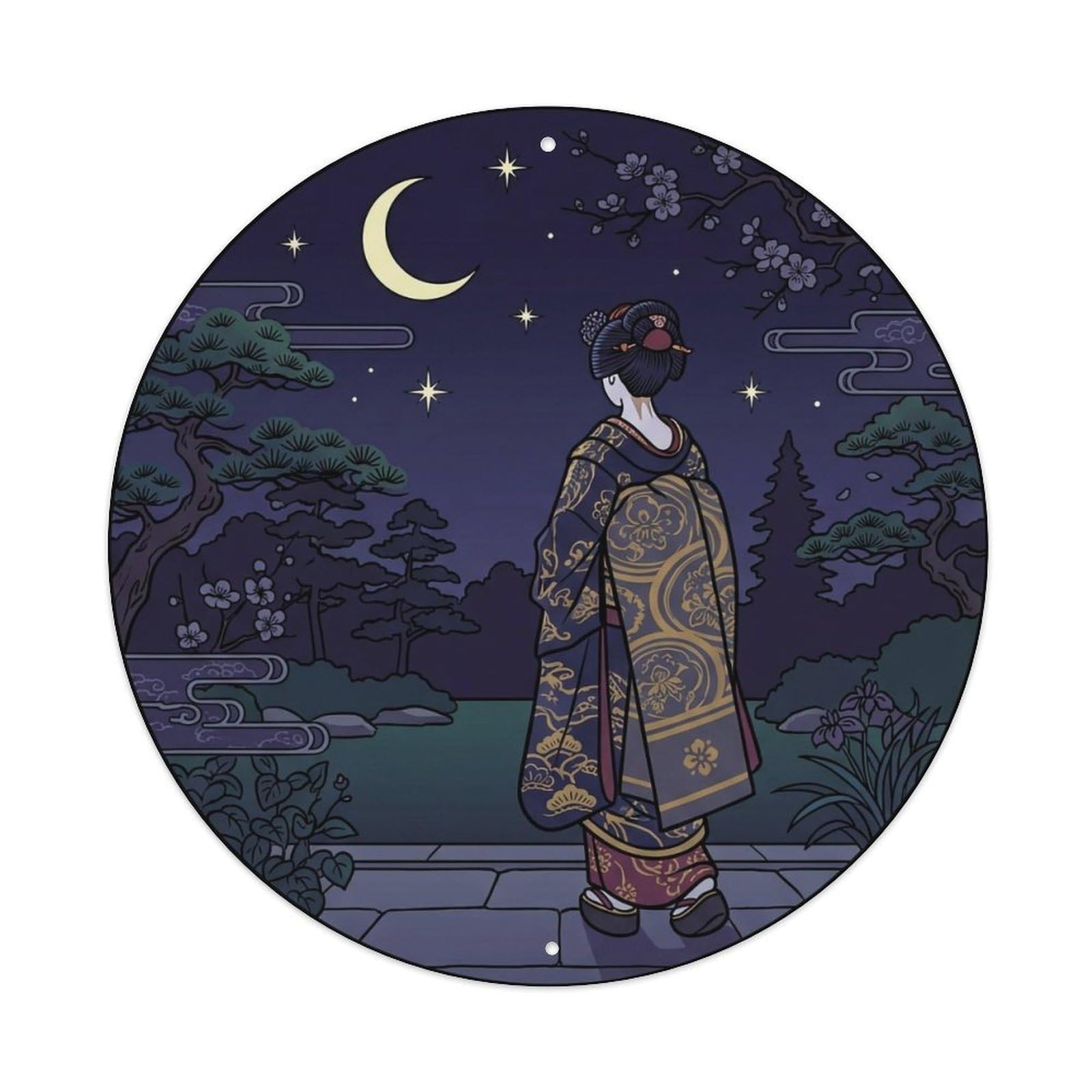 Japanese Geisha Crescent Moon Garden Starlight Night Metal Tin Sign