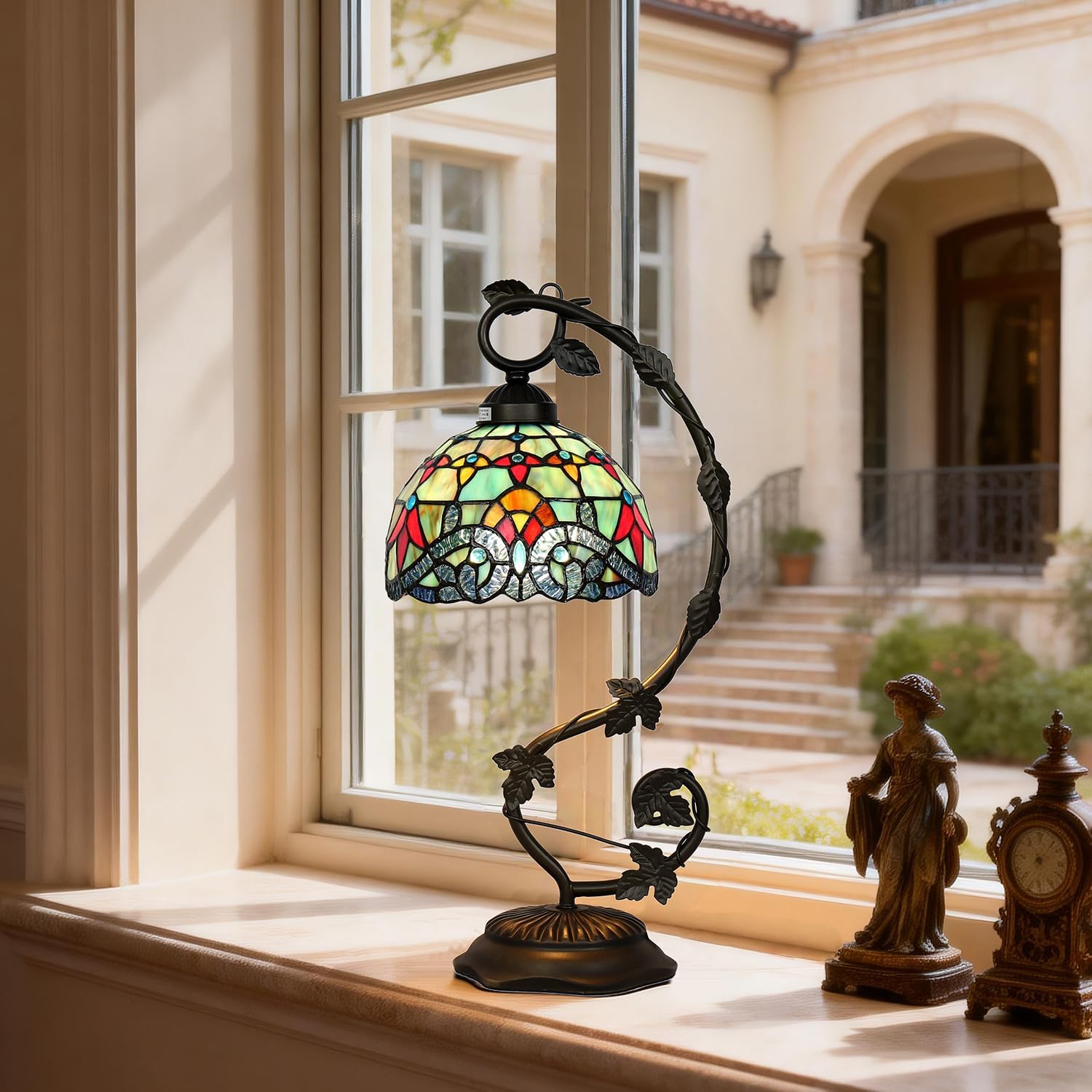 Tiffany Table Lamp,Baroque Style Stained Glass Shade with Metal Vine Base, 8x10x20 Inch